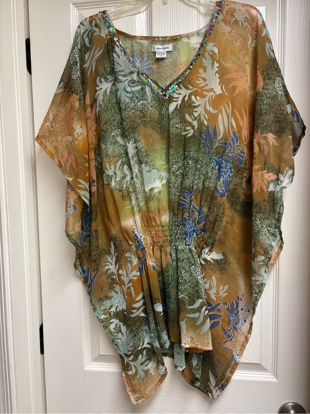 Beaded V-Neck Floral Swim Coverup in Olive Multi